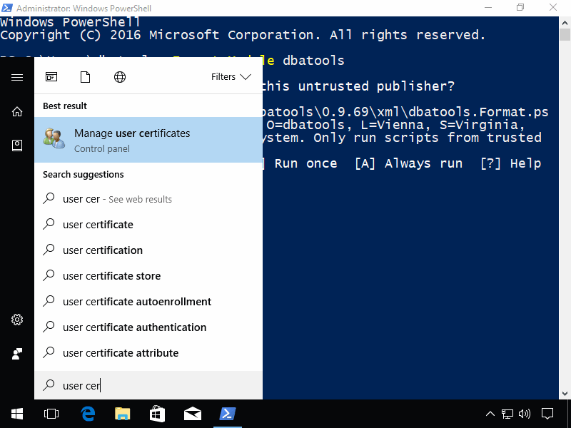 Windows search showing user certificate management