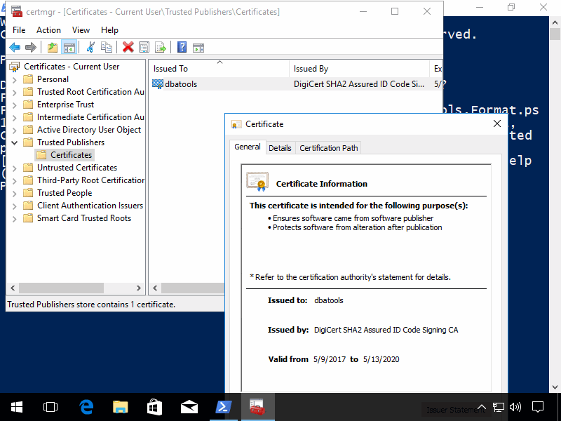 Certificate manager showing dbatools in Trusted Publishers