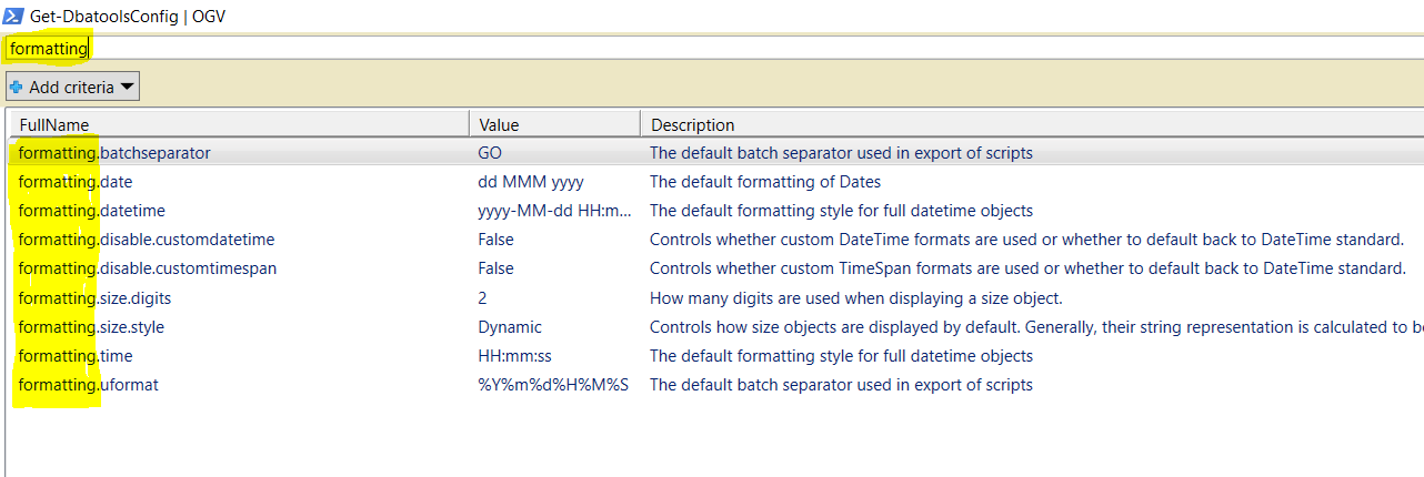 Get-dbatoolsConfig OGV Filtered Output