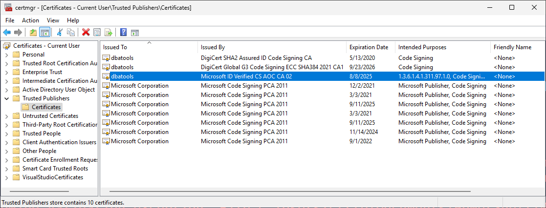 dbatools certificates in Windows Certificate Manager