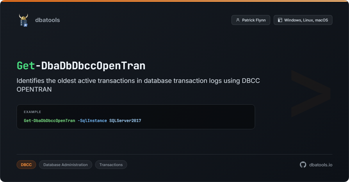 Get-DbaDbDbccOpenTran | dbatools | SQL Server automation with PowerShell