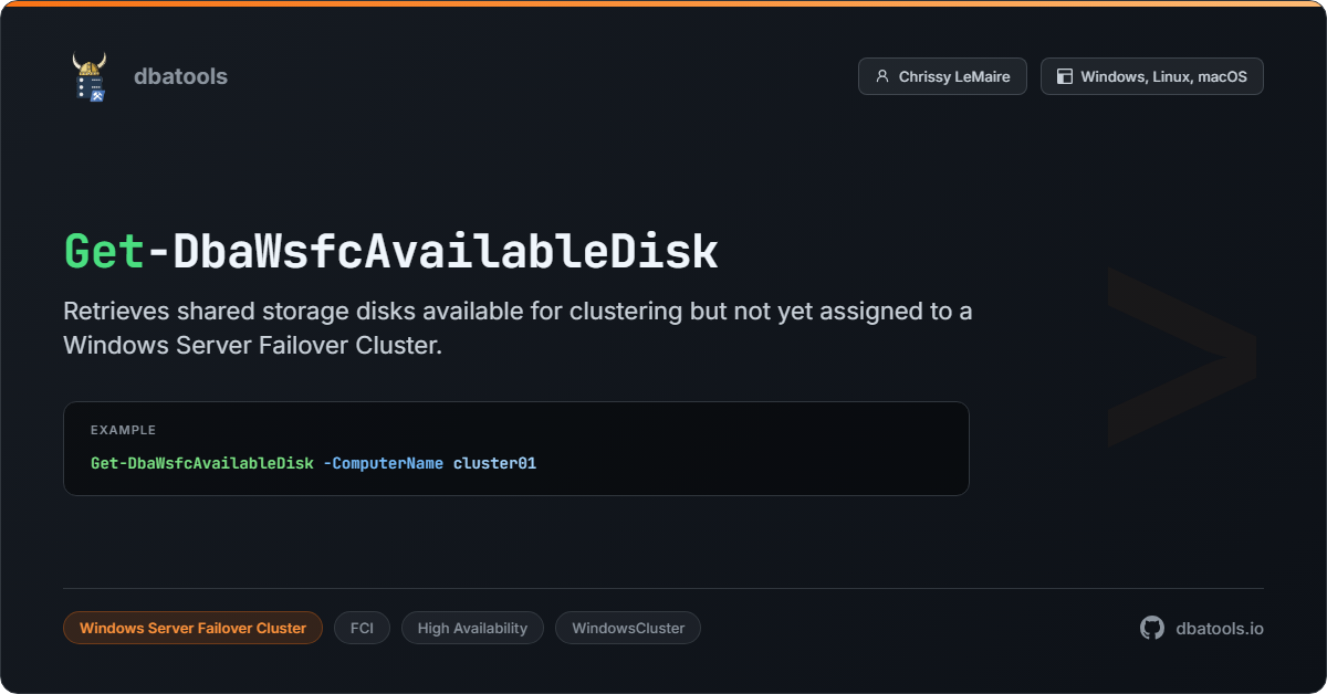 Get-DbaWsfcAvailableDisk | dbatools | SQL Server automation with PowerShell