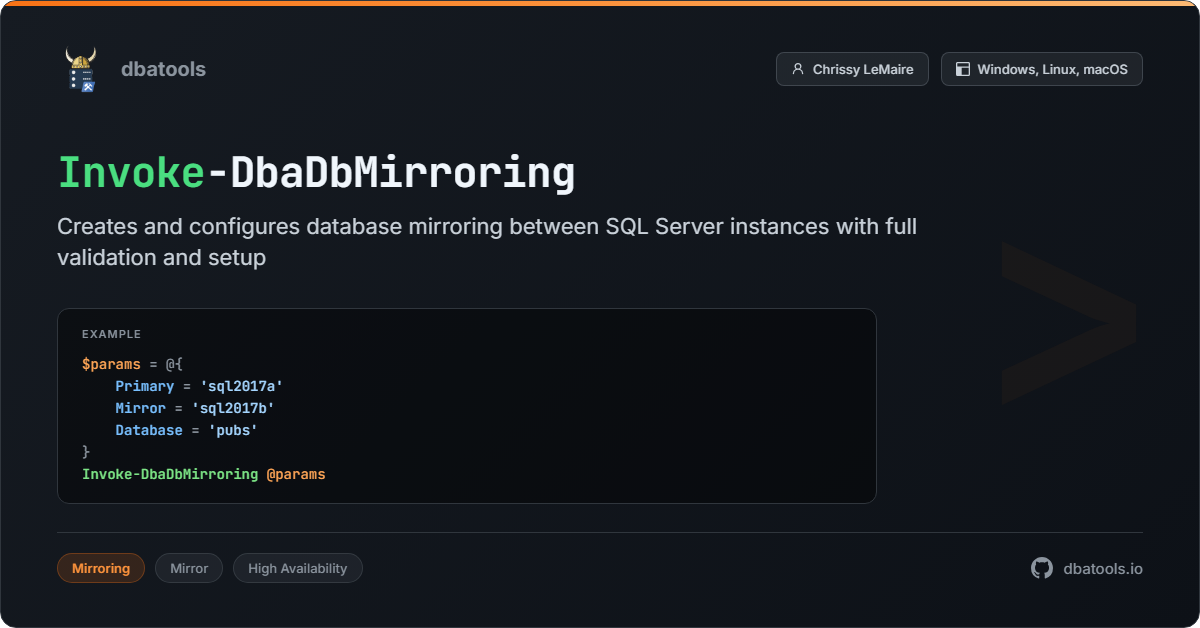 Invoke-DbaDbMirroring | dbatools | SQL Server automation with PowerShell