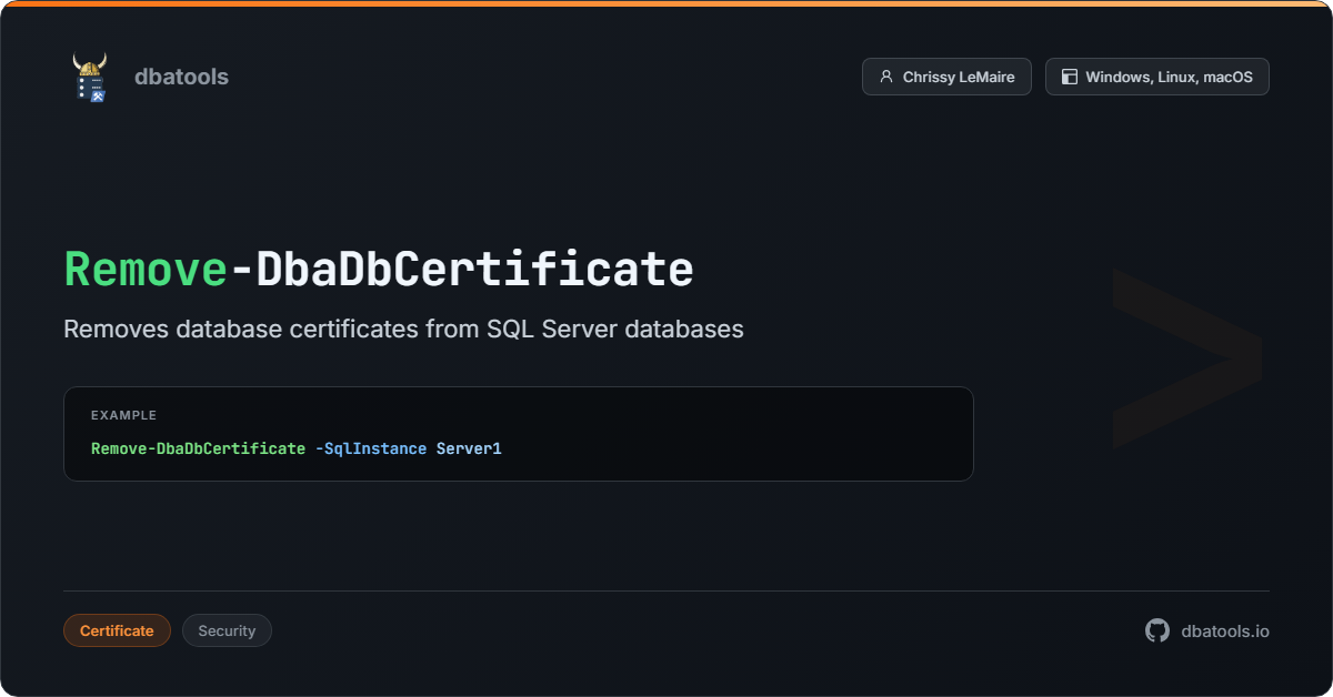 Remove-DbaDbCertificate | dbatools | SQL Server automation with PowerShell