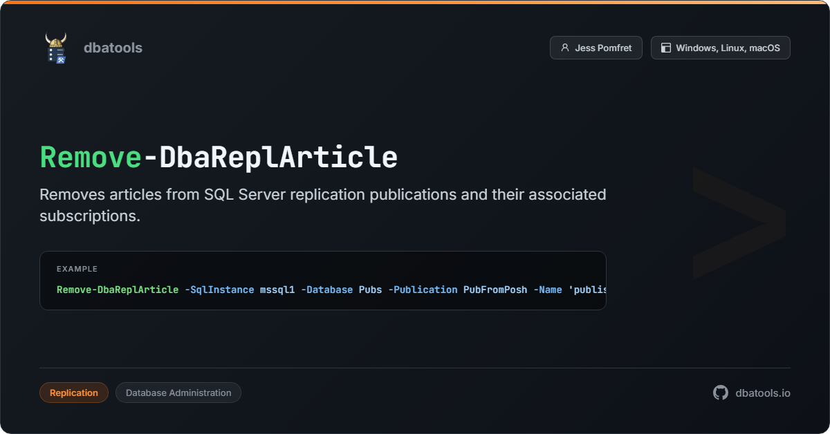 Remove-DbaReplArticle | dbatools | SQL Server automation with PowerShell