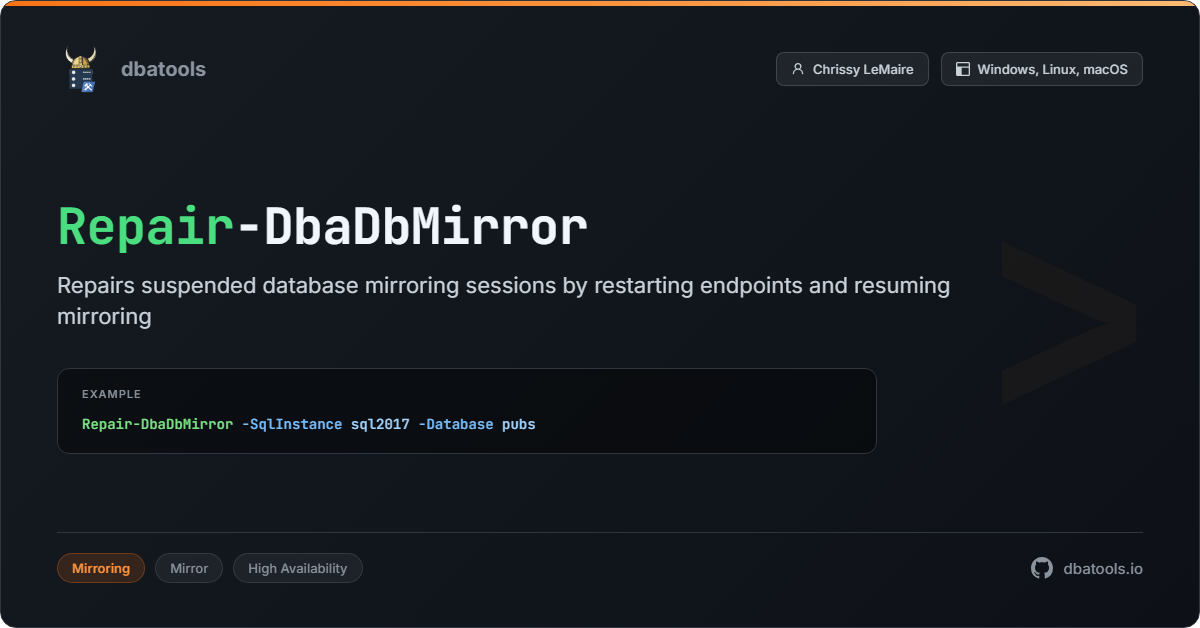 Repair-DbaDbMirror | dbatools | SQL Server automation with PowerShell