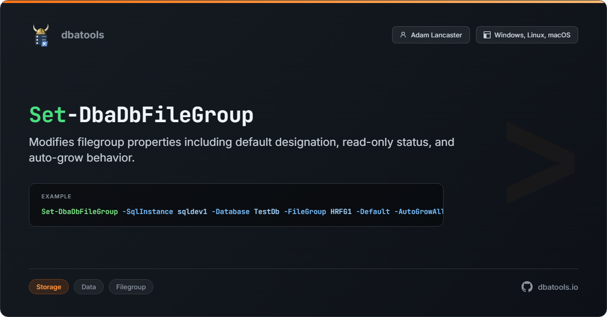 Set-DbaDbFileGroup | dbatools | SQL Server automation with PowerShell
