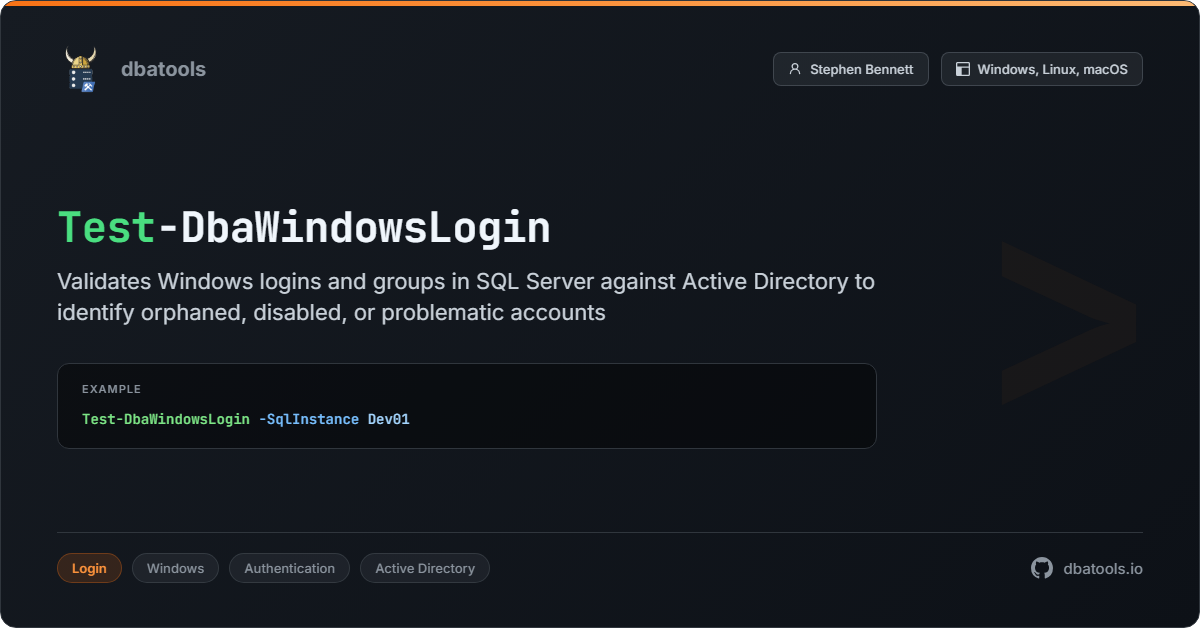 Test-DbaWindowsLogin | dbatools | SQL Server automation with PowerShell