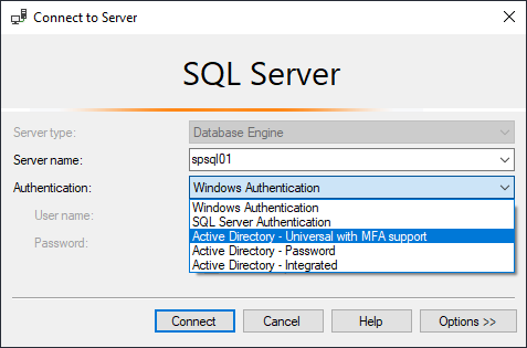 SSMS Auth Dialog